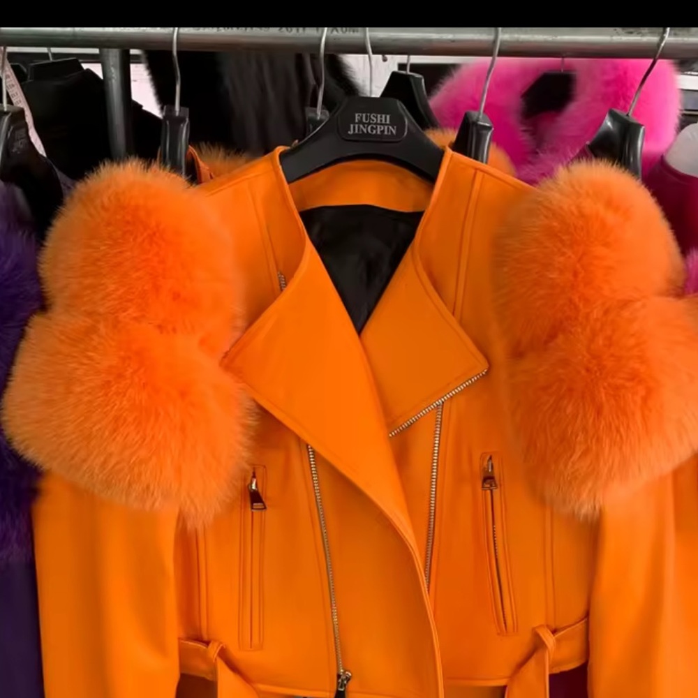 Orange real Fur Trim Jacket. Cropped style